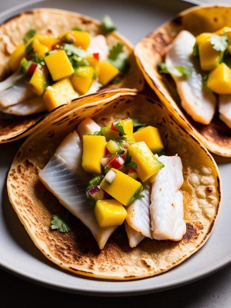 Close-up of bass fish tacos topped with fresh mango salsa on charred corn tortillas